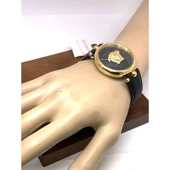 Versace Womens Watch VECO01420 Palazzo Swiss Quartz Gold Black Dial Leather Band - Picture 5 of 14